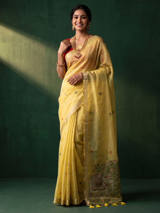 Yellow Elephant Printed Cotton Linen Saree