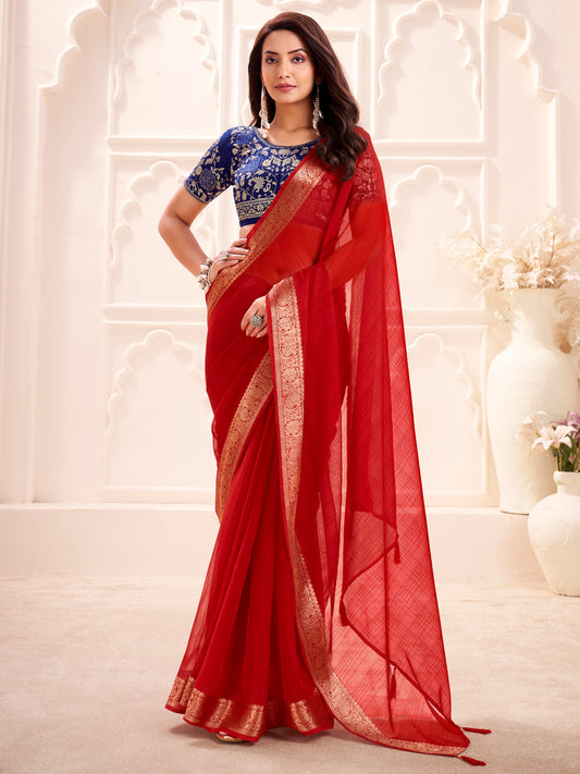 Red Georgette Saree with Blue Banarasi Blouse