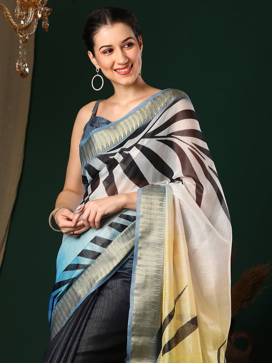 Multicolour Ombre Tissue Silk Saree with Bold Tropical Print & Gold Zari Border