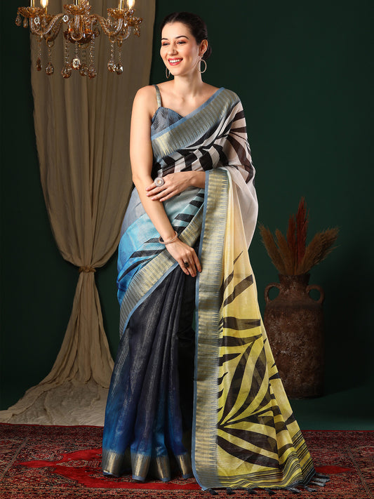 Multicolour Ombre Tissue Silk Saree with Bold Tropical Print & Gold Zari Border
