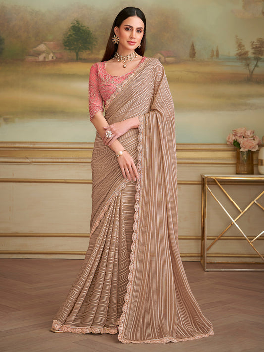 Beige Embellished Sequinned Georgette Saree