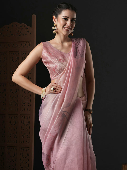 Dusty Pink Organza Saree with Watercolour Floral Print