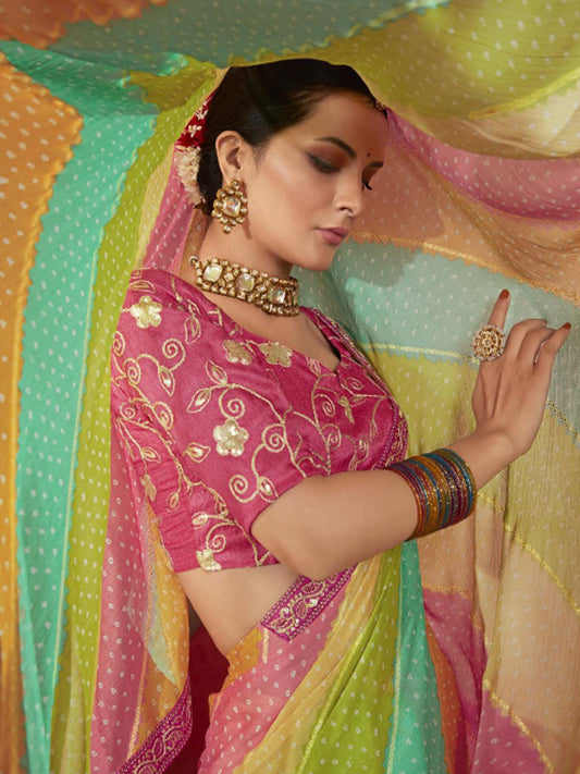 Multicolour Bandhani Georgette Saree with Embroidered Blouse