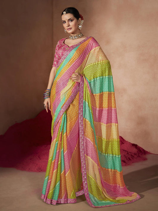 Multicolour Bandhani Georgette Saree with Embroidered Blouse