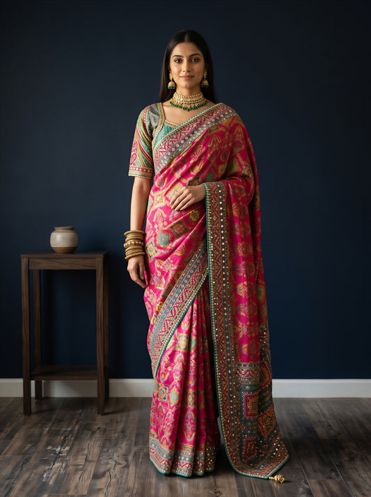 Ahalya Pink Ethnic Motif Silk Blend Saree with Embellished Border & Aqua Blue Blouse Piece