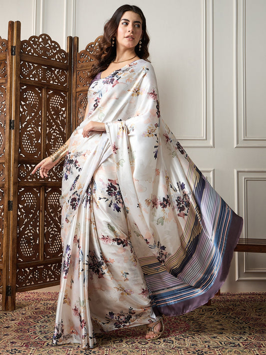 Ivory Floral Printed Satin Saree