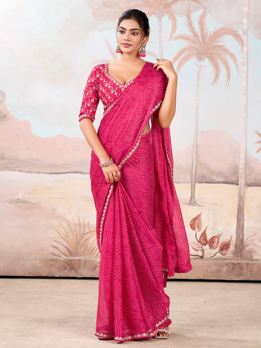 Hot Pink Silk Blend Bandhani Print Saree