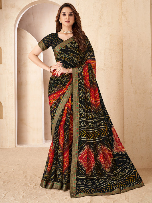 Black & Red Georgette Bandhani Saree
