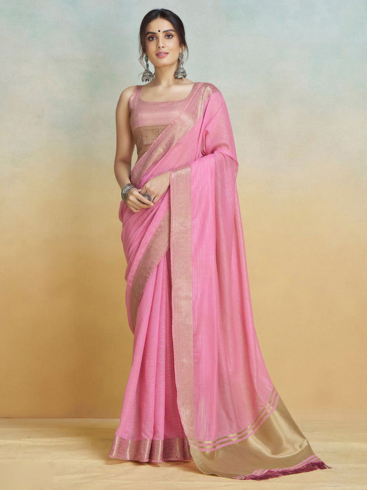 Light Pink Cotton Saree with Zari Border