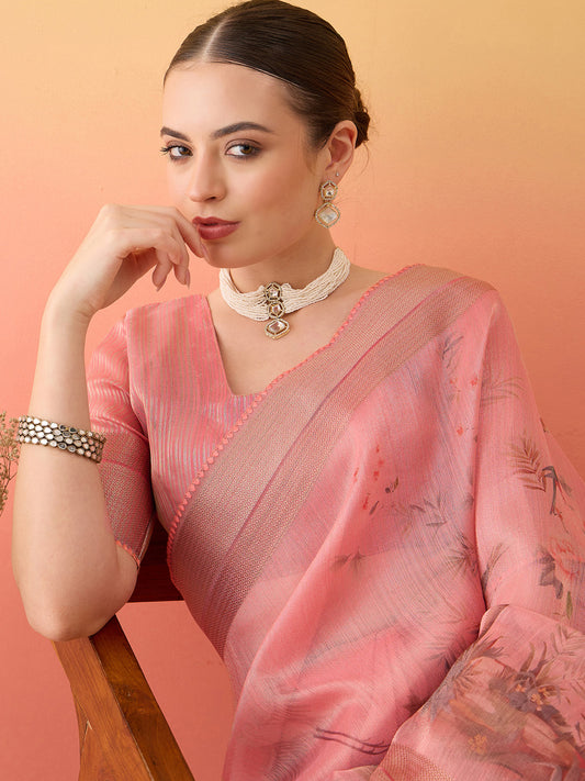Peach Pink Linen Tassel Floral Embroidered Saree