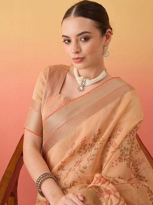 Orange Linen Floral Woven & Printed Saree