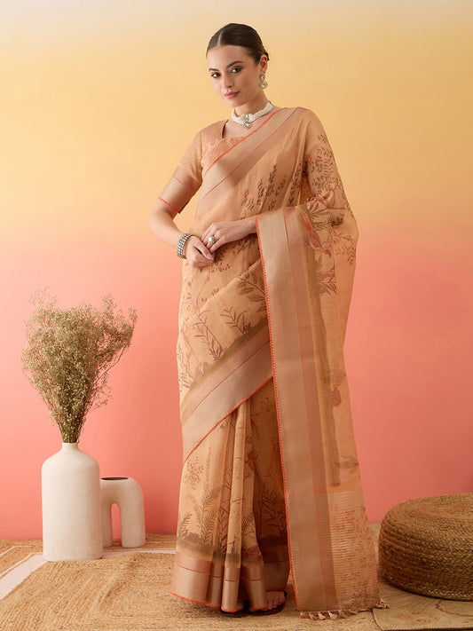 Orange Linen Floral Woven & Printed Saree