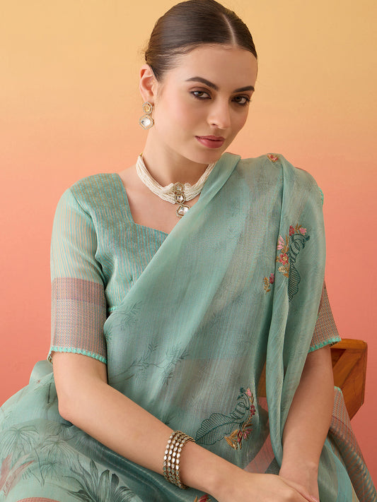 Light Blue Linen Blend Floral Printed Saree Woven Border