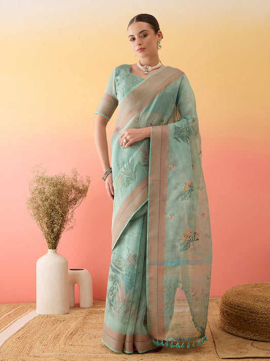 Light Blue Linen Blend Floral Printed Saree Woven Border