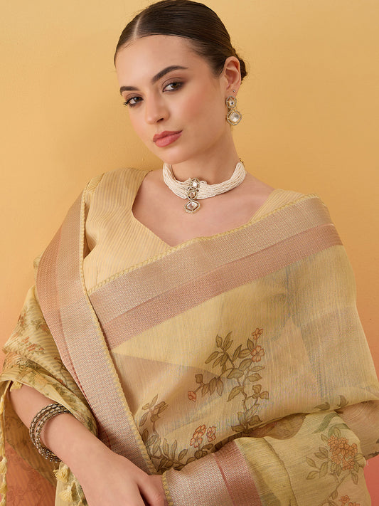 Yellow Floral Printed Linen Tissue Saree