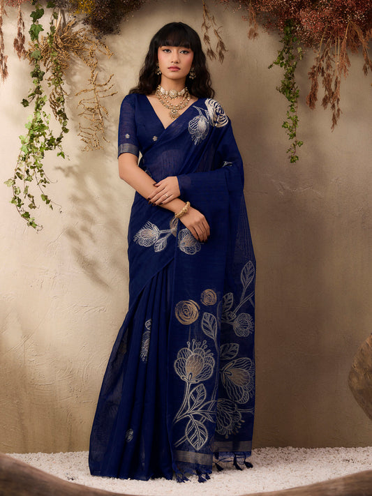 Navy Blue Linen Blend Silver Zari Floral Print Saree