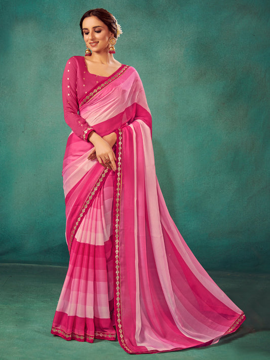Pink Shades Chiffon Striped Print Saree