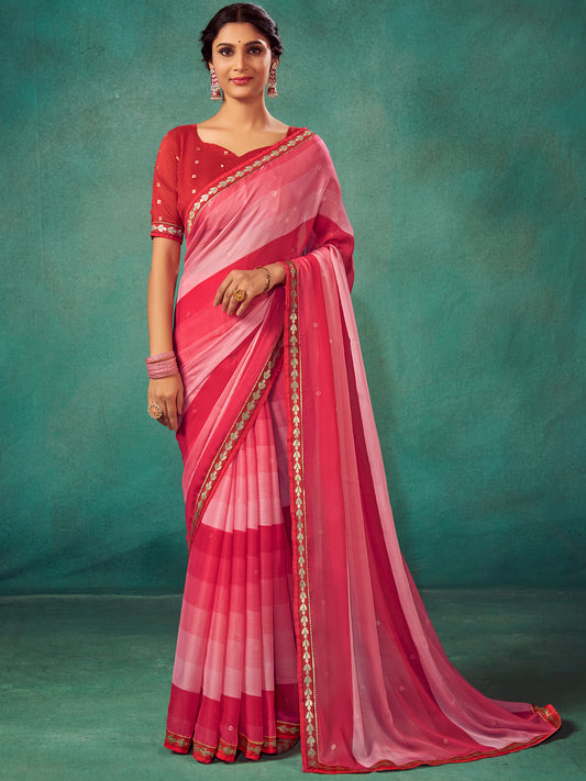 Pink Shades Silk Blend Horizontal Striped Print Saree