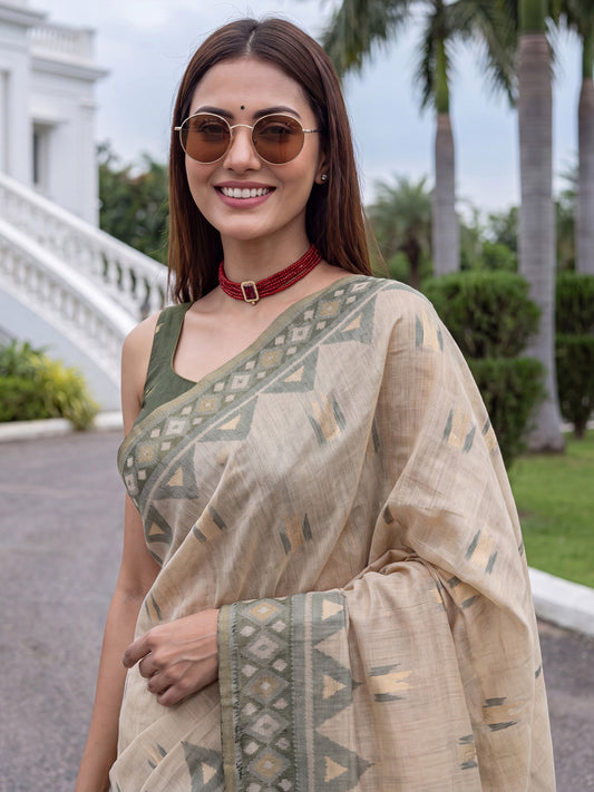 Cream Green Geometric Border Ikkat Cotton Saree
