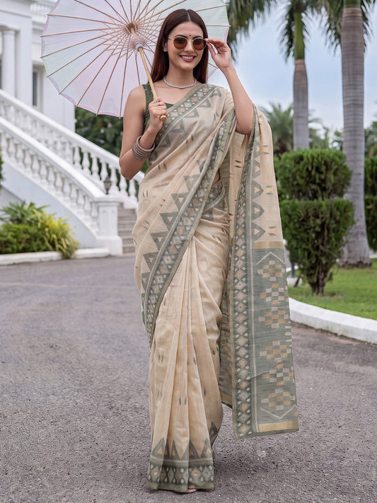 Cream Green Geometric Border Ikkat Cotton Saree