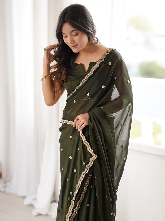 Olive Green Pure Georgette Saree with Scalloped Gota Patti Border