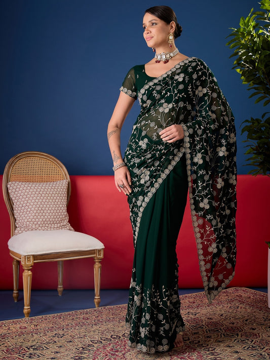 Bottle Green Embroidered Sequin Floral Georgette Saree