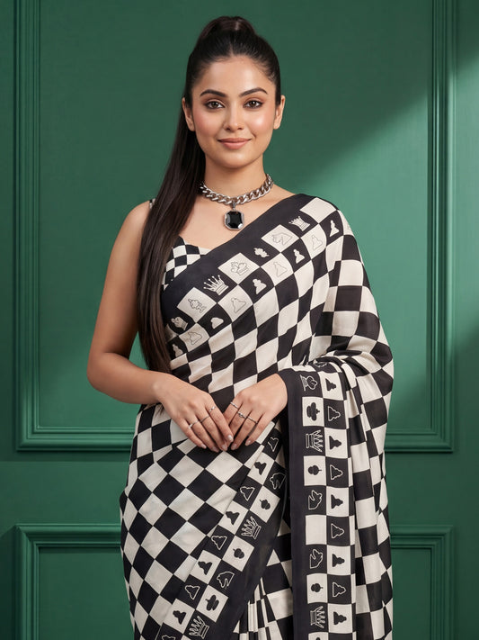 Black and White Checkered Chess Crepe Saree