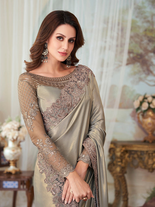 Satin Silver Emblished Saree