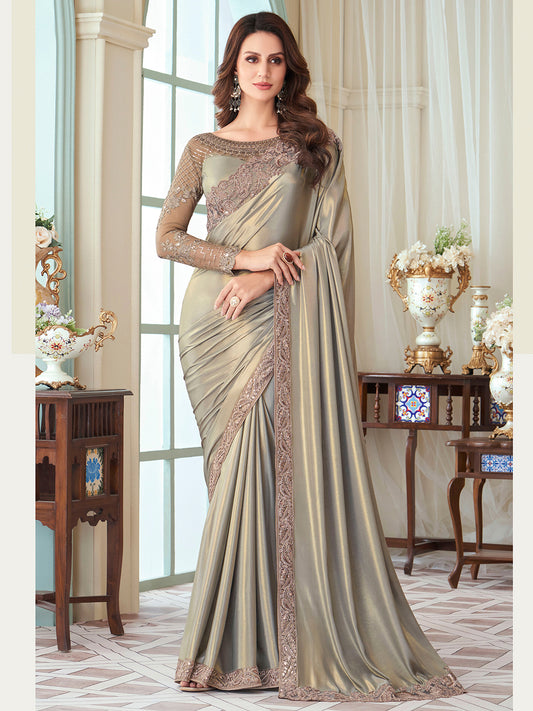 Satin Silver Emblished Saree