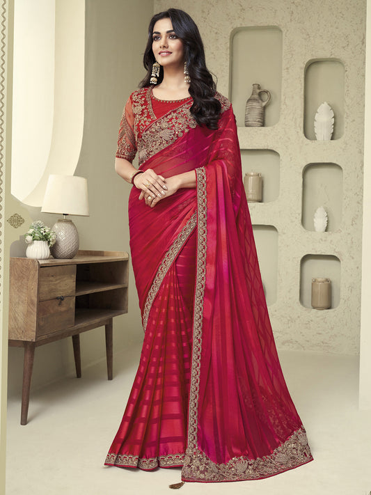 Red Georgette Striped Saree