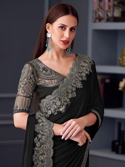 Black Georgette Silver Embroidered Border
