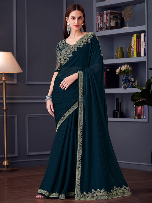 Teal Blue Polyester Embroidered Border Saree
