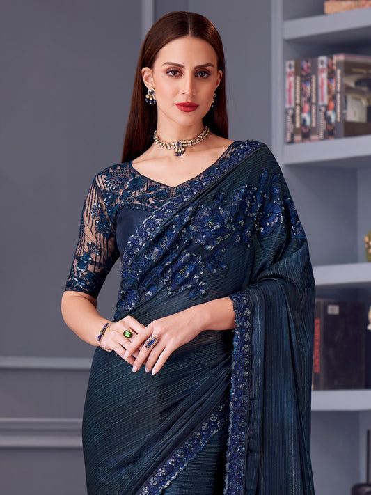 Navy Blue Satin Embroidered Saree
