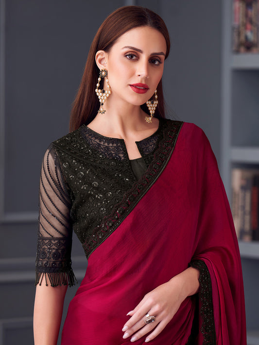 Maroon Solid Georgette Saree