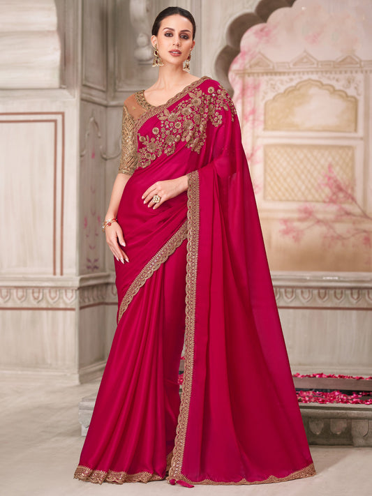 Maroon Satin Silk Embroidered Border With Sequin Saree