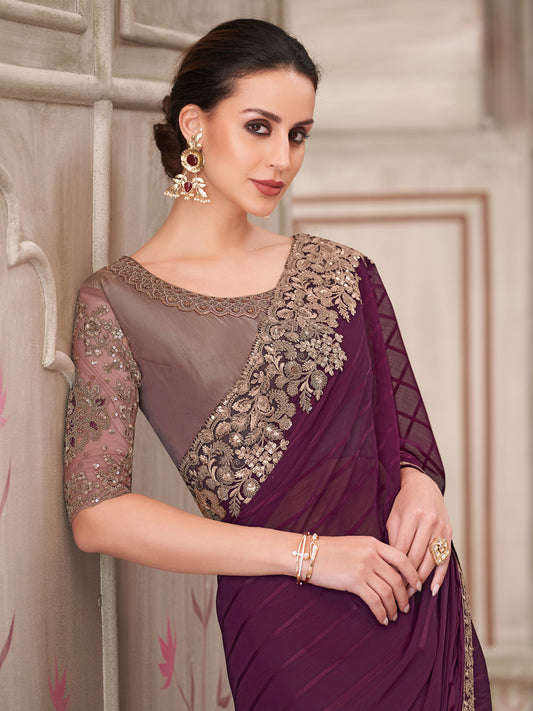 Wine Polyester Embroidered Border Modern Saree