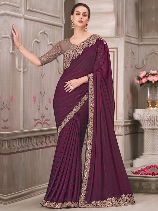 Wine Polyester Embroidered Border Modern Saree