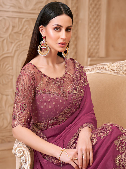 Deep Onion Pink Georgette Heavy Embroidered Border Zari Work Blouse Saree