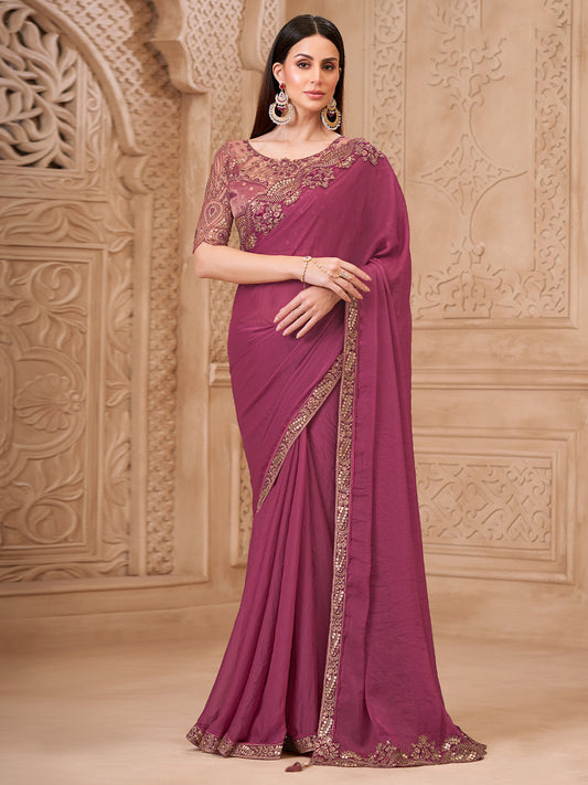 Deep Onion Pink Georgette Heavy Embroidered Border Zari Work Blouse Saree
