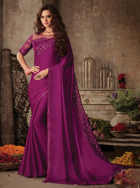 Magenta crape Designer Border saree