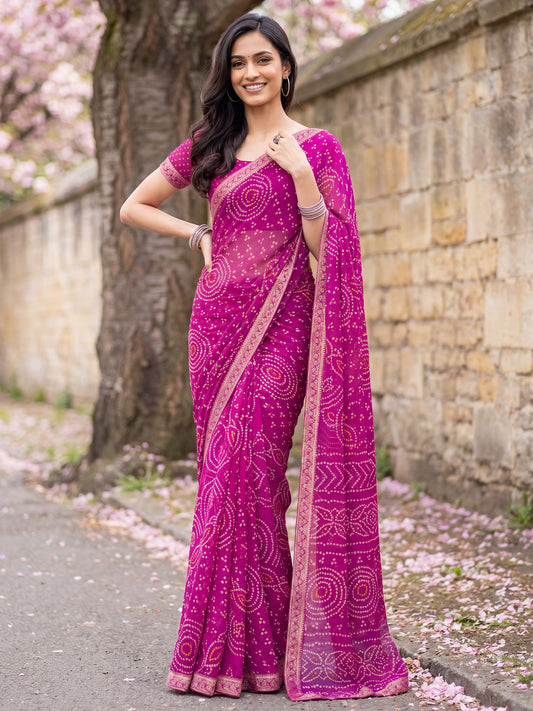 Rani Pink Bandhani Print Chiffon Saree