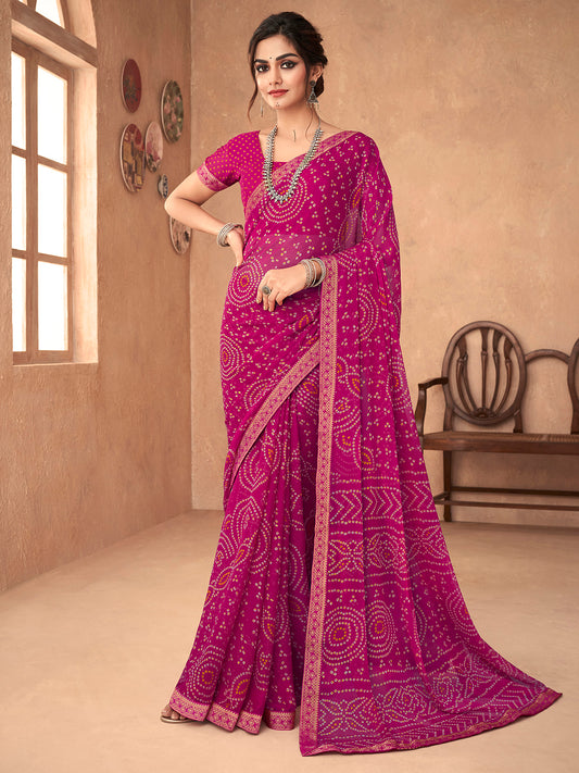 Magenta Pink Georgette Bandhani Print Saree with Zari Border
