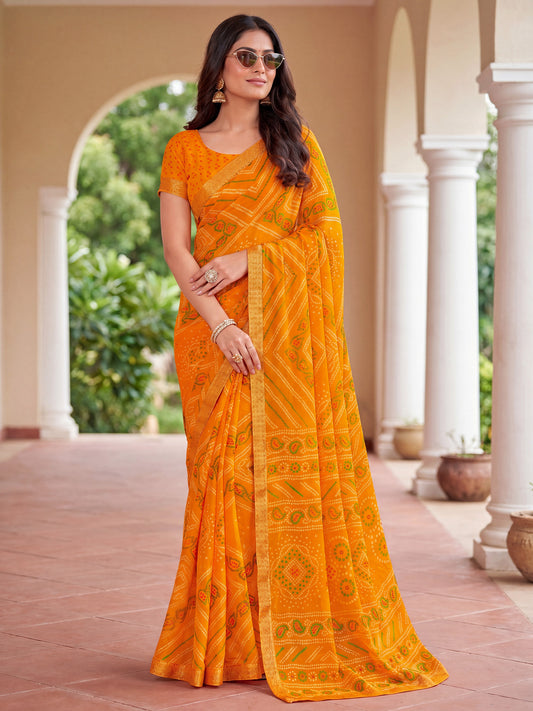 Orange Bandhani & Leheriya Printed Chiffon Saree