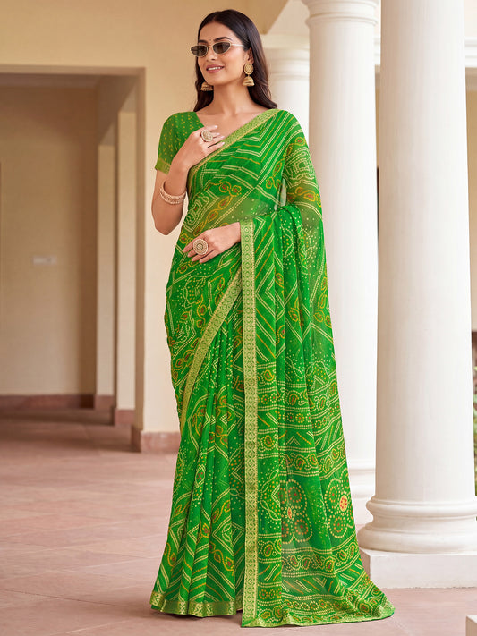 Green Bandhani Digital Printed Chiffon Saree