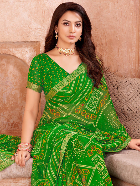 Parrot Green Georgette Bandhani Saree