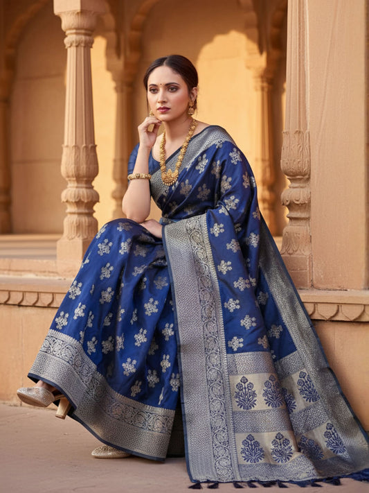 Royal Blue Banarasi Silk Saree with Silver Zari Weave