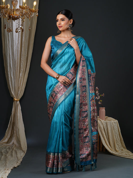 Teal Kalamkari Silk Saree with Zari Border