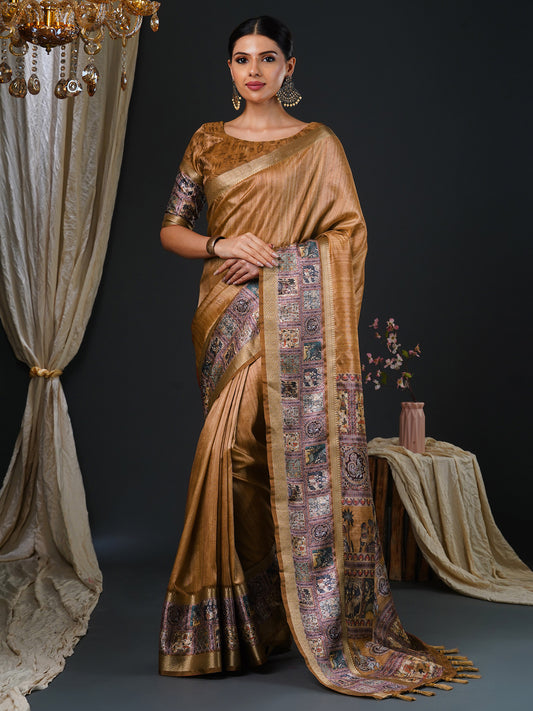 Golden Kalamkari Silk Saree with Banarasi Woven Border