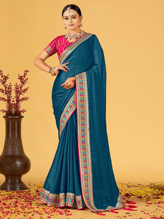 Teal Zari Work Satin Chiffon Saree