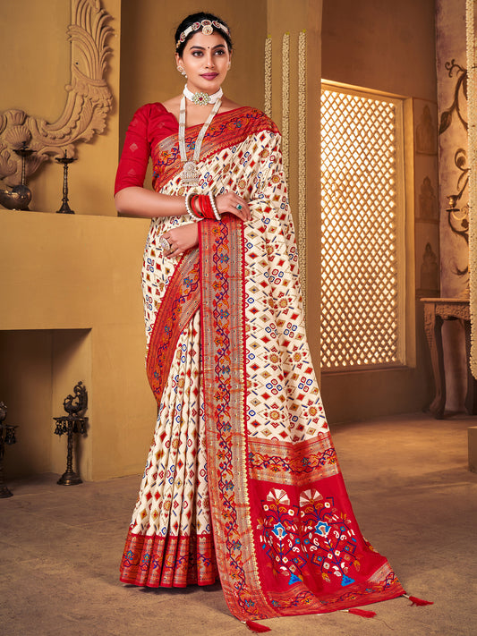 Off white Silk Blend Woven Printed Saree